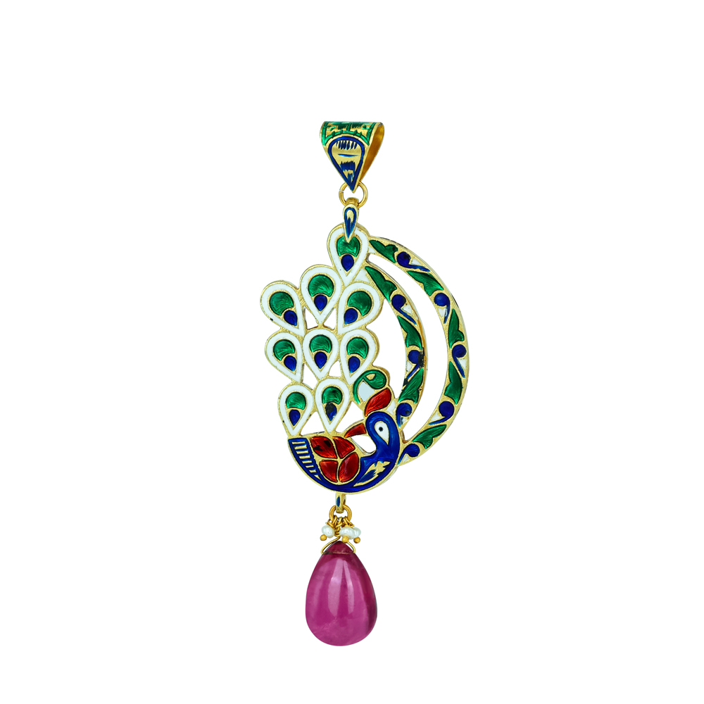 Peacock Enamel Pendant with Polki Diamonds and Tourmaline Drop